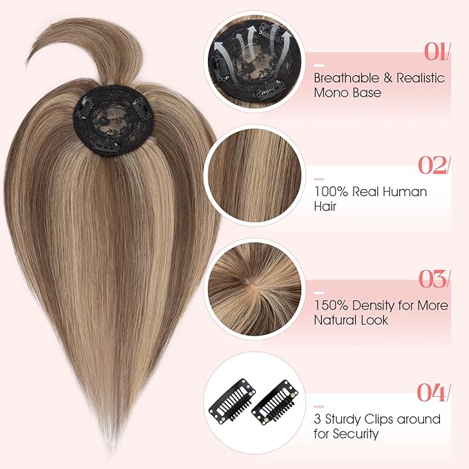 Hairro Mono Hair Toppers with Bangs, 3.4" x 3.4" Mono Base 100% Real Human Hairpieces for Women, 150% Density Clips In Topper for Greyish Thinning Hair, 16 Inch Medium Brown Mix Dark Blonde