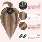 Hairro Mono Hair Toppers with Bangs, 3.4" x 3.4" Mono Base 100% Real Human Hairpieces for Women, 150% Density Clips In Topper for Greyish Thinning Hair, 14 Inch Medium Brown Mix Dark Blonde