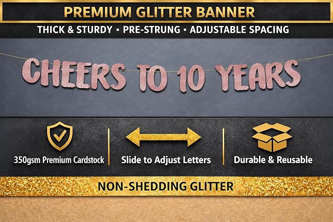 Pre-Strung Cheers to 10 Years Rose Gold Glitter Banner - Image 3