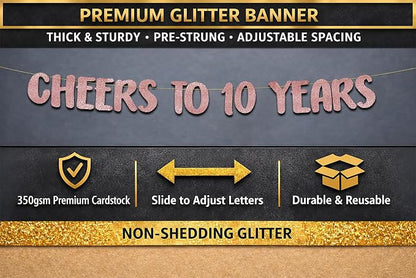 Pre-Strung Cheers to 10 Years Rose Gold Glitter Banner - Image 3
