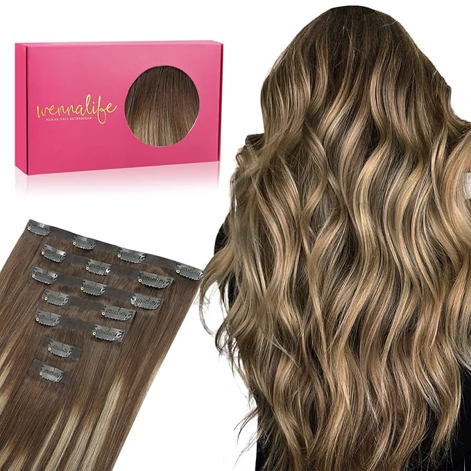 WENNALIFE Seamless Clip in Hair Extensions Human Hair, 12 Inch 80g 7pcs Balayage Chocolate Brown to Honey Blonde Real Hair Extensions Clip Ins Invisible PU Skin Weft Natural Remy Hair