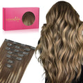 WENNALIFE Seamless Clip in Hair Extensions Human Hair, 12 Inch 80g 7pcs Balayage Chocolate Brown to Honey Blonde Real Hair Extensions Clip Ins Invisible PU Skin Weft Natural Remy Hair