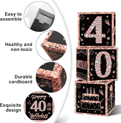 Eiurteao 3pcs Rose Gold 40th Birthday Decorations Boxes - Image 5