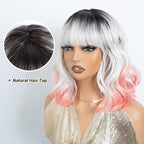 NOBLE Colourful Short Bob Wigs with Bangs for Women 3 Tone Ombre Greyish white root to Pink Color Short Wavy Bob Hair Wig Shoulder Length Synthetic Heat Resistant Bob Wigs