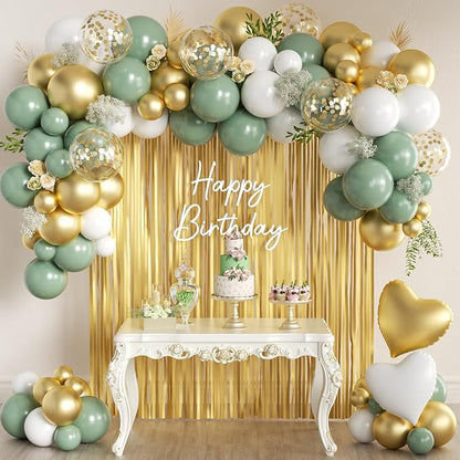 Sage Green White Gold Balloons Arch Kit by MEBAY