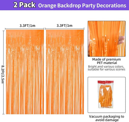 JINSUI Orange Fringe Backdrop 3.3x8.2ft, 2 Pack Foil Tinsel Curtains Decor | - Image 3