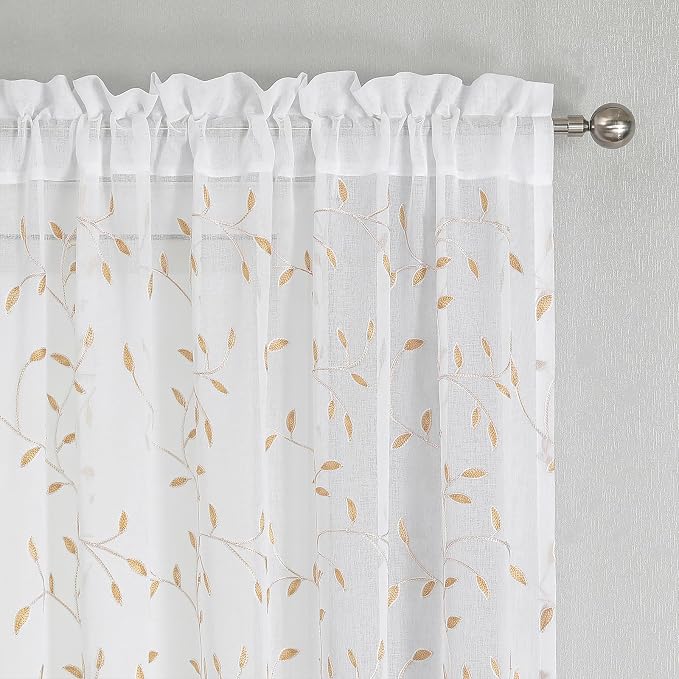 White Sheer Curtains Orange Leaf Embroidery Linen 96 Inches Long | Light - Image 2