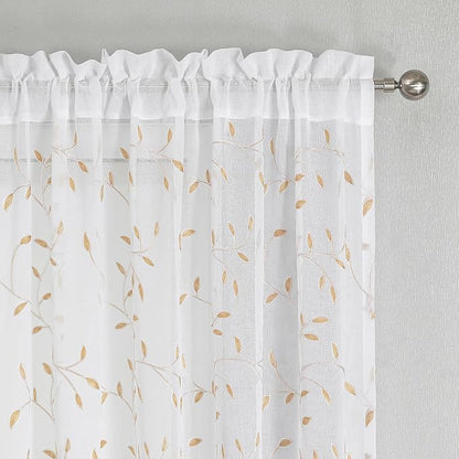 White Sheer Curtains Orange Leaf Embroidery Linen 96 Inches Long | Light - Image 2