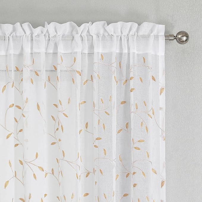 White Sheer Curtains Orange Leaf Embroidery Linen 96 Inches Long | Light - Image 3