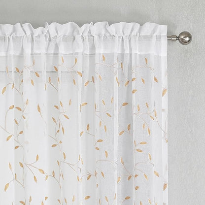 White Sheer Curtains Orange Leaf Embroidery Linen 96 Inches Long | Light - Image 3