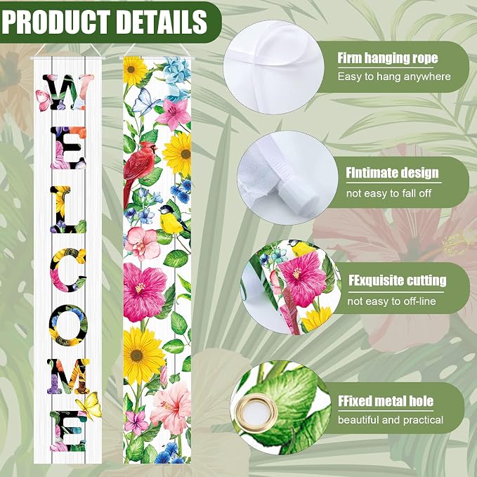 Frienda 2 Pcs Spring Welcome Floral Porch Banners 72"x12" Summer Flower Hanging - Image 3