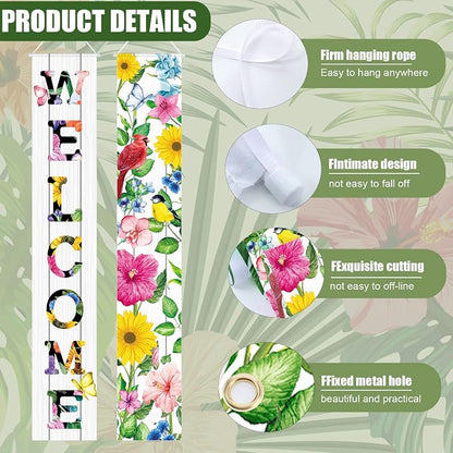 Frienda 2 Pcs Spring Welcome Floral Porch Banners 72"x12" Summer Flower Hanging - Image 3