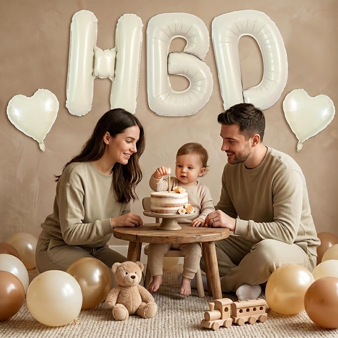 TONIFUL Cream White Big HBD Letter Happy Birthday Balloons Banner 40 Inch Ivory - Image 4