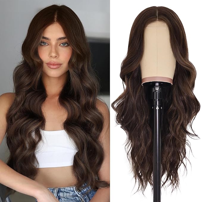 NAYOO Long Brown Wavy Wig for Women 26 Inch Middle Part Curly Wavy Wig Natural Looking Synthetic Heat Resistant Fiber for Daily Party (Brown with Highlights)