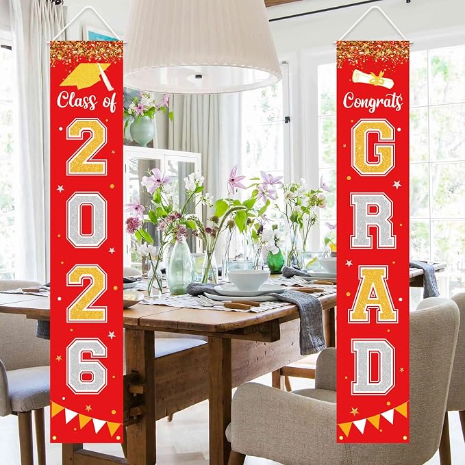 Graduation Decorations 2026 GRAD Banner Red Porch Door Sign Welcome Banner - Image 5