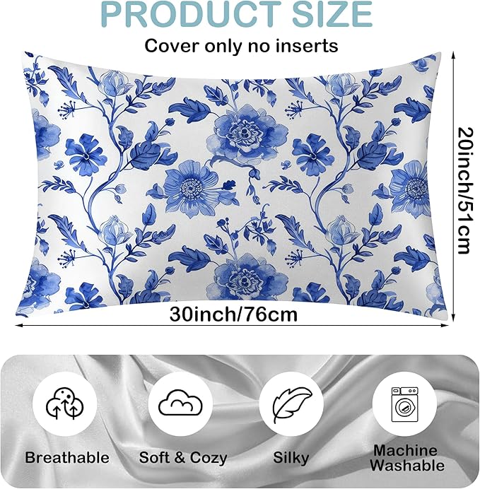 Vintage Blue Floral Satin Pillow Case Queen Size,Soft Pillowcases for Hair and Skin Similar to Silk,Pillowcases with Hidden Zipper Bedding Accessories,20X30 Inches,1 Pack
