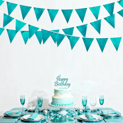 Teal Aqua Blue Triangle Pennant Banner Dark Metallic Fabric Flag Bunting Garland - Image 6