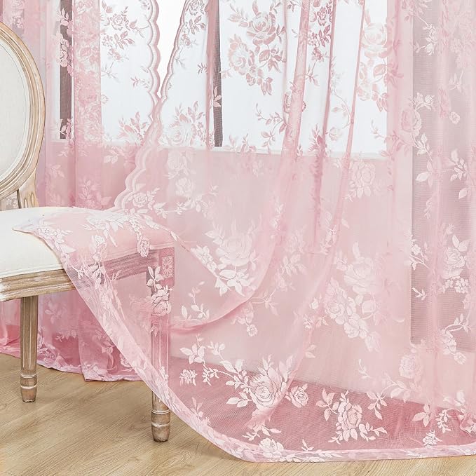Baby Pink Lace Curtains 45 Inch Length 2 Panels set Romantic Flower Sheer - Image 5