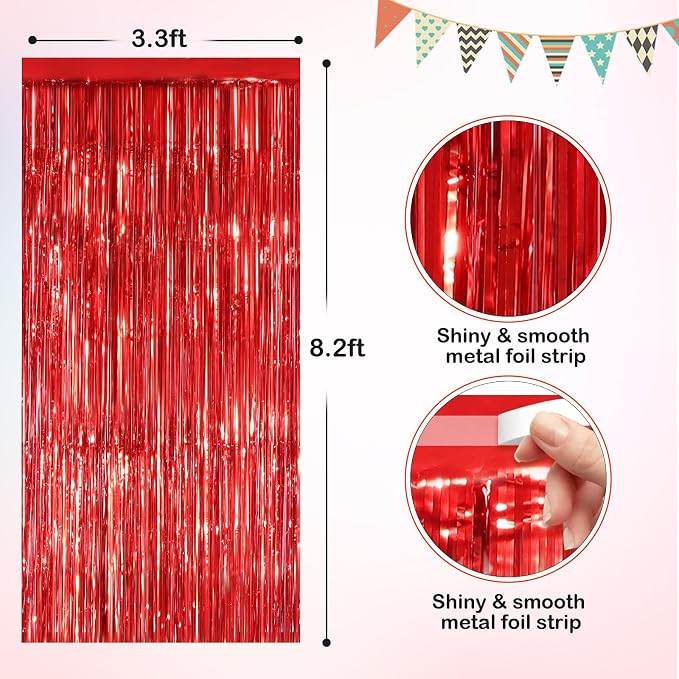 Red Metallic Tinsel Foil Fringe Curtains, 4 Pack 3.3x8.3 Feet Streamer Backdrop - Image 2