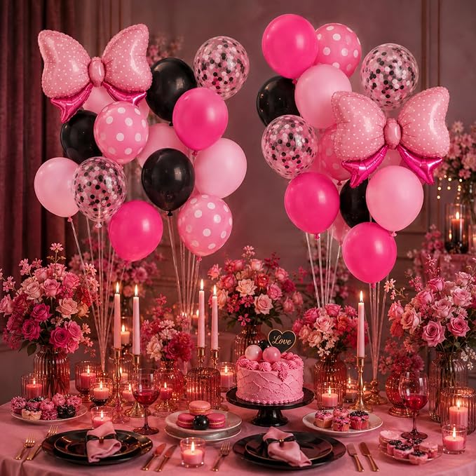 Pink and Black Balloons with 2Pcs Pink Bow Balloons - Image 8