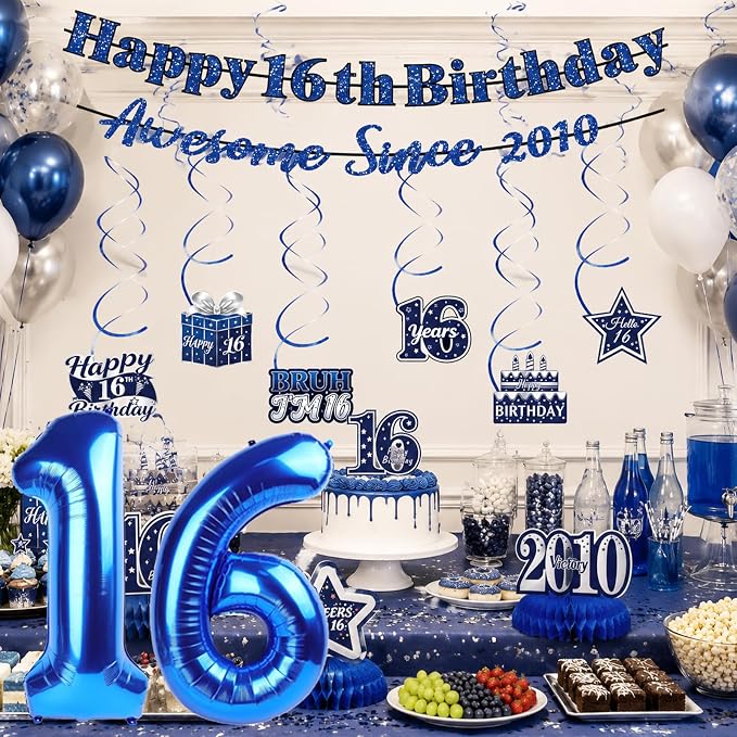 16th Birthday Decorations For Boys, Pre-Strung Navy Blue Happy 16th Birthday & - Image 4