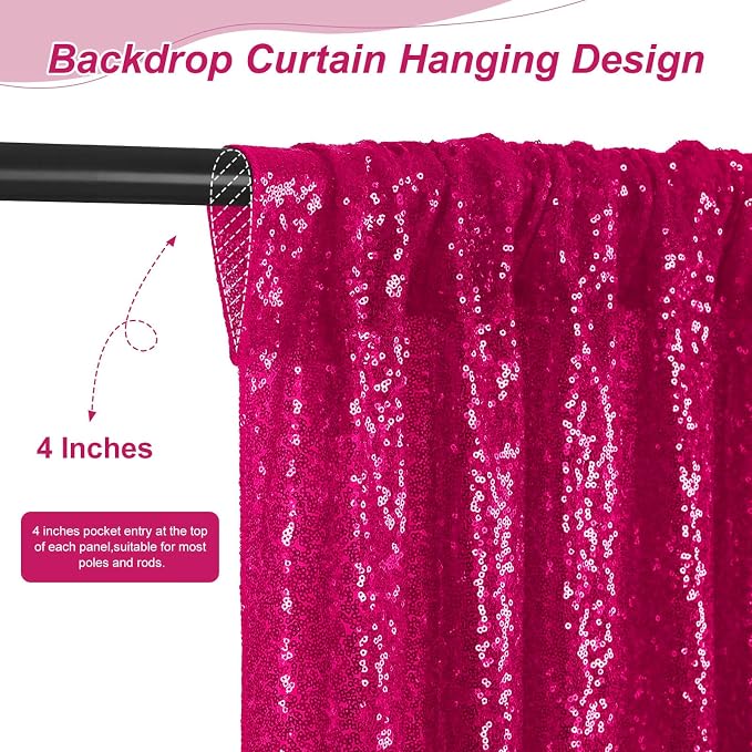 4 Pieces 2FTx8FT Fuchsia Sequin Backdrop Curtain Panels Stage Backdrop - Image 2
