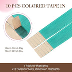 GOO GOO Tape in Hair Extensions Human Hair, Teal Green, 10inch 20g 10pcs, Colored Tape ins Human Hair Extensions, Silky&Soft Invisible Tape Ins, Hair Highlighted for Party