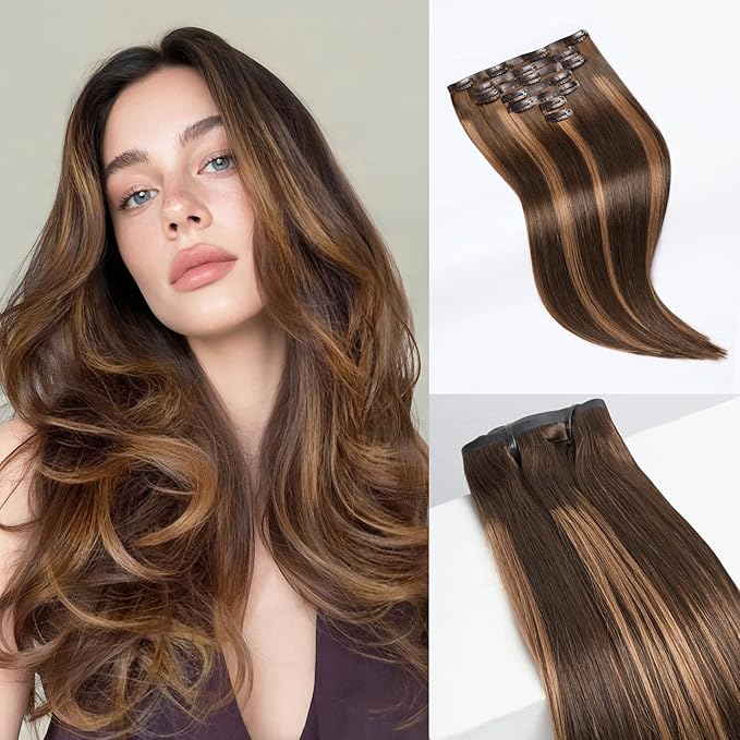 LUVME Straight Seamless 110g 7Pcs Clip in Hair Extensions Full Max with 22inch Remy Human Hair Extensions, Highlight Color 100% Real Soft