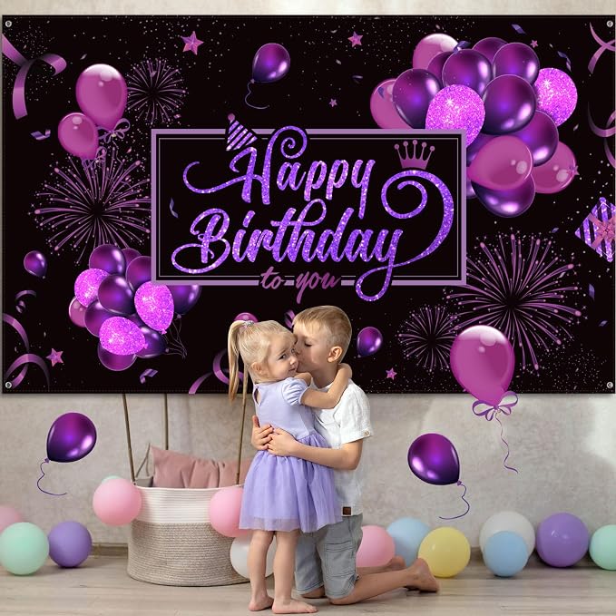 Blulu Happy Birthday Backdrop Banner Sign Poster Large Fabric Glitter Balloon - Image 4