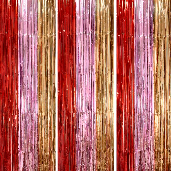 Voircoloria 3 Pack 3.3 x 8.2 ft Valentine Foil Fringe Backdrop Curtains by Voircoloria