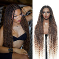 Human Hair Boho Curls Hand-Tied HD Full Lace Wig - 36" Salon-Level Small Box Synthetic Braids (100 Braids, High Density) Pre-Cut Swiss HD Lace, Pre-Plucked, Knotless - 1B/30 Ombre Brown