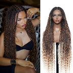 Human Hair Boho Curls Hand-Tied HD Full Lace Wig - 36" Salon-Level Small Box Synthetic Braids (100 Braids, High Density) Pre-Cut Swiss HD Lace, Pre-Plucked, Knotless - 1B/30 Ombre Brown