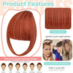 Clip in Bangs, Synthetic French Bangs Hair Clip, Fake Bangs Fringe with Temples Hairpieces for Women Natural Curved Hair Extensions for Daily Wear Copper Red