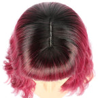 FAELBATY Short Wave Bob pink Wig With Bangs Synthetic Ombre Pink Cosplay Wig for women Halloween Wig Costume Wigs (12" Ombre Dark Red Color)