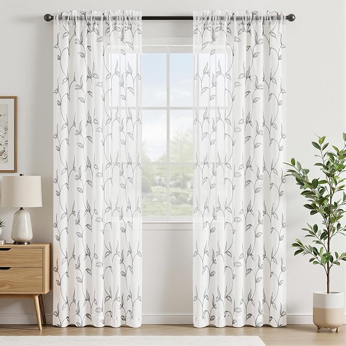 Sheer Curtains Boho Leaf Floral Embroidered Grey 54Wx84L | Light Filtering Semi - Image 2