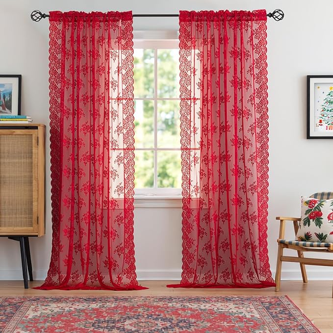 Kotile Red Sheer Curtains for Living Room Rustic Floral 52x96 Inch 2 Panels | - Image 2