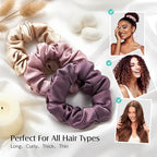 YFONG 3 PCS 100% Mulberry Silk Scrunchies for Women Girls, 22 Momme Soft Hair Ties for Frizz & Breakage Prevention, Elastic Ponytail Holders Gentle And No hurt, (Pink+Champagne+Plum Purple)