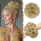 FESHFEN Messy Bun Hair Piece - Large Elastic Wavy Curly Hair Bun Scrunchies Ponytail Extensions Synthetic Chignon Hairpieces for Women, Light Ash Brown & Bleach Blonde 1.94oz