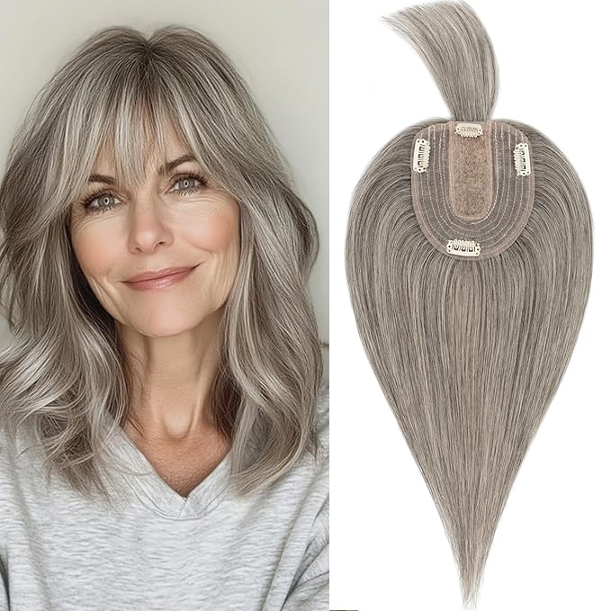 Rich Choices Real Human Hair Toppers for Women With Bang 100% Remy Human Hair Topper for Thinning Hair Clip in Silk Base Hair Topper 10 Inch Salt and Pepper G2 Silver
