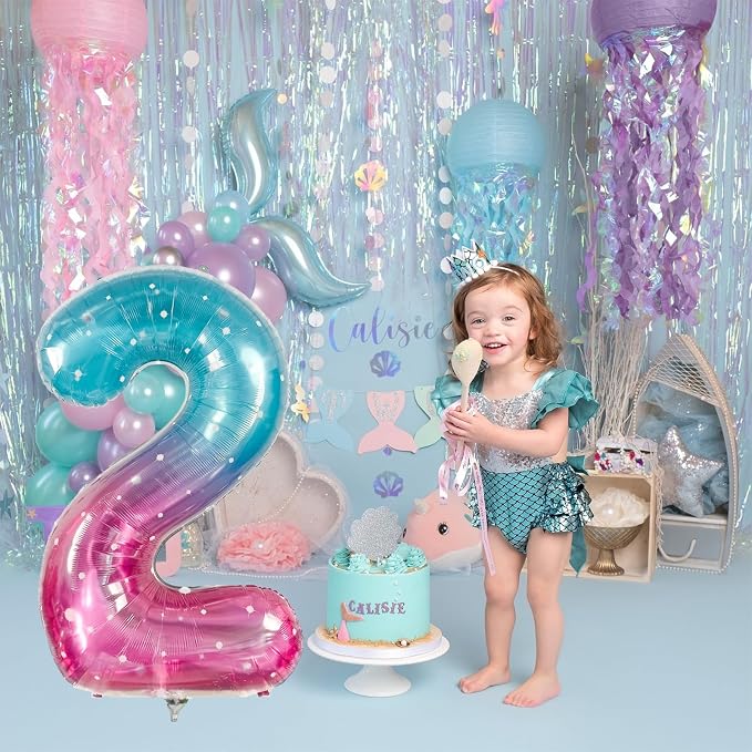 Mermaid 2 Balloons, 40 Inch Giant Rainbow Starry Helium Mylar Foil Number 0-9 - Image 4