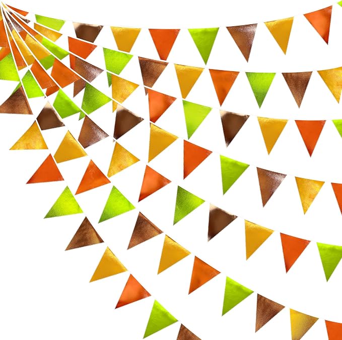 Fall Party Decorations Orange Green Gold Brown Metallic Fabric Triangle Pennant by pinkblume