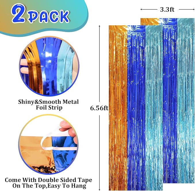Voircoloria Blue Orange Foil Fringe Backdrop Curtains, 2 Pack | Tinsel Streamers - Image 2