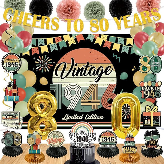Vintage 47Pcs 80th Birthday Decorations by Unknown