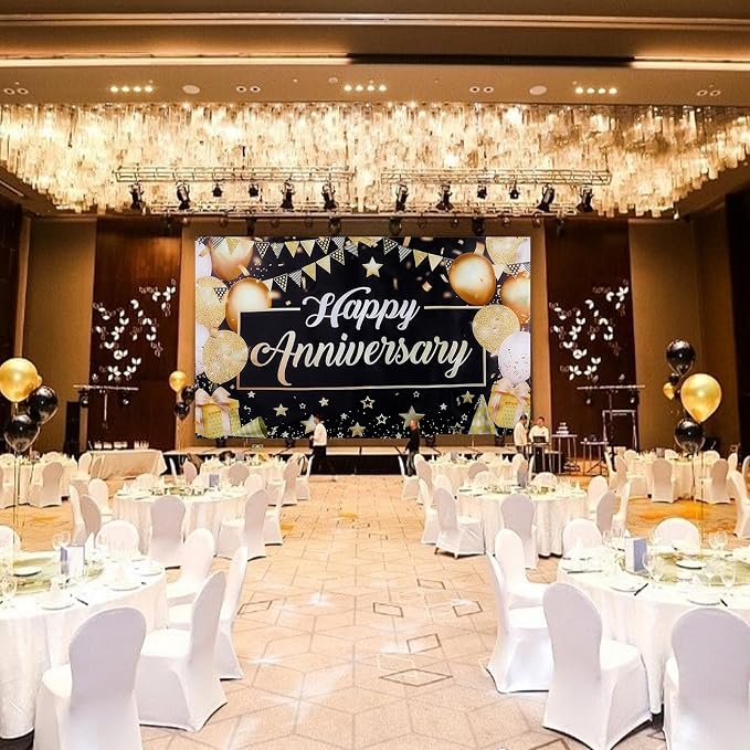 Happy Anniversary Backdrop Banner, 6ft x 3.6ft Black Gold Anniversary Party - Image 5