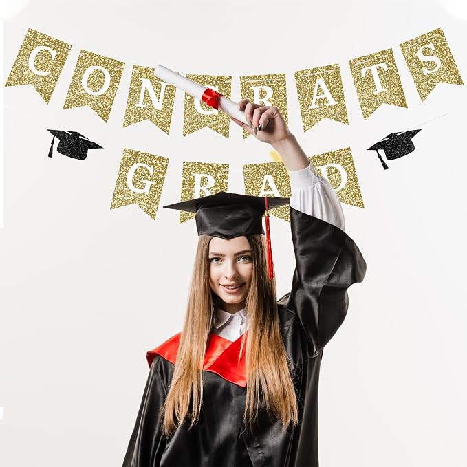 Congrats Grad Banner Gold Glitter Pre-Strung Congrats Grad Sign Decorations - - Image 5