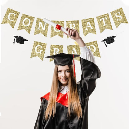 Congrats Grad Banner Gold Glitter Pre-Strung Congrats Grad Sign Decorations - - Image 5