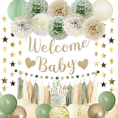 Amandir Sage Green Baby Shower Decorations Welcome Baby Banner | Green Balloons by Amandir