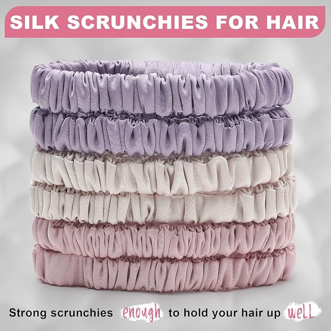 6Pcs Silk Hair Ties Small 22 Momme 100% Pure Mulberry Silk Scrunchies for Women Girls Thin Skinny Hair Sleep Scrunchies No Damage(Color 08)
