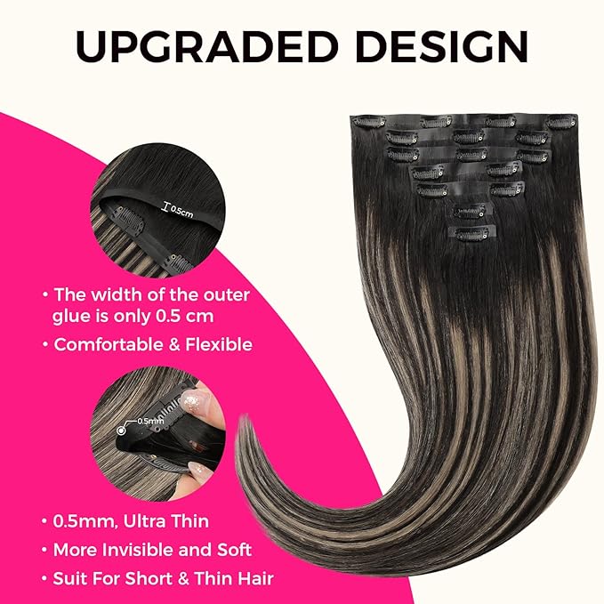 Lashey Seamless Clip in Hair Extensions Human Hair, 110g 7pcs Straight Balayage Natural Black to Light Blonde Highlighted Clip in Hair Extensions for Black Women 16 Inch