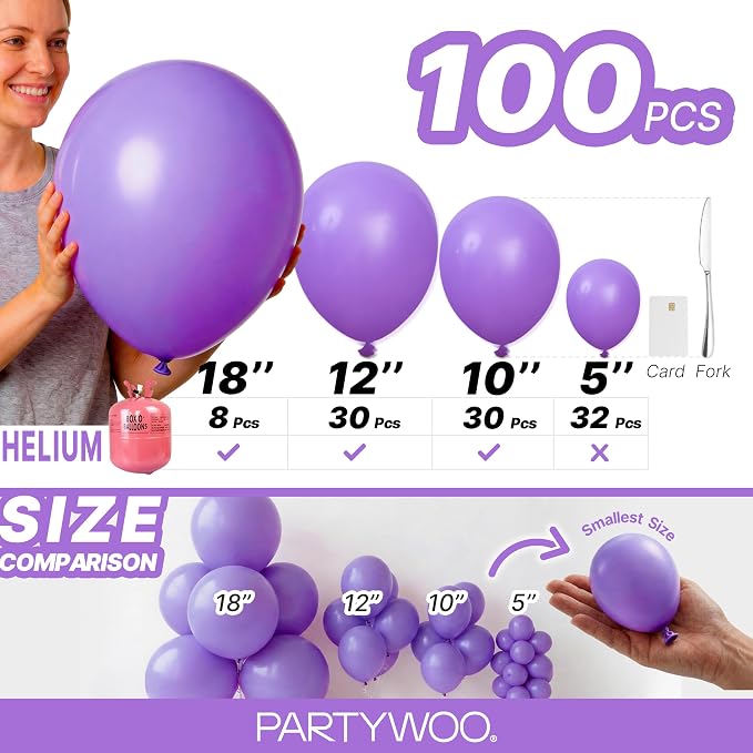 PartyWoo Purple Balloons 100pcs Different Sizes of 18 12 10 5 Inch | Balloons - Image 6